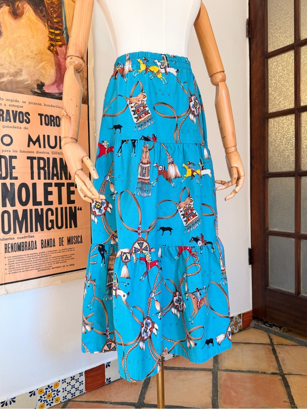 Vintage 90s Turquoise Navajo Western Horses AOP Graphic Stretch Waist M/L